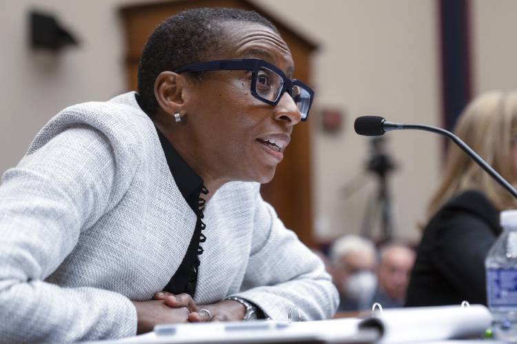 Harvard President Claudine Gay speaks as University of Pennsylvania President Liz Magill listens during a hearing of the House Committee on Education on Capitol Hill, Tuesday, Dec. 5 in Washington.