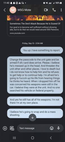 EDS NOTE: OBSCENITY - In this cellphone text screenshot provided by Sean Hodgson, Hodgson shares his concerns about the condition of his friend and fellow Army reservist Robert Card with his Army supervisor. 