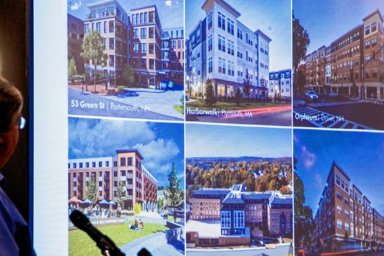 RIGHT: Doug Richardson shows drawings of what the residential buildings would look like on the Steeplegate site at the Greater Concord Chamber of Commerce luncheon  on Thursday.