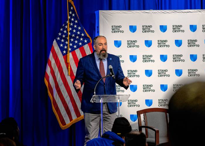 Majority Leader Jason Osborne addresses the crowd at the Stand with Crypto Bipartisan Presidential Forum.