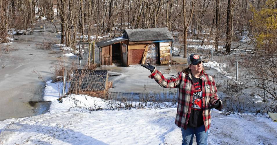 Tessa Dyer stands in her backyard, now unrecognizable under the water and ice that has engulfed her property in Loudon, off of Route 106 on Wednesday.