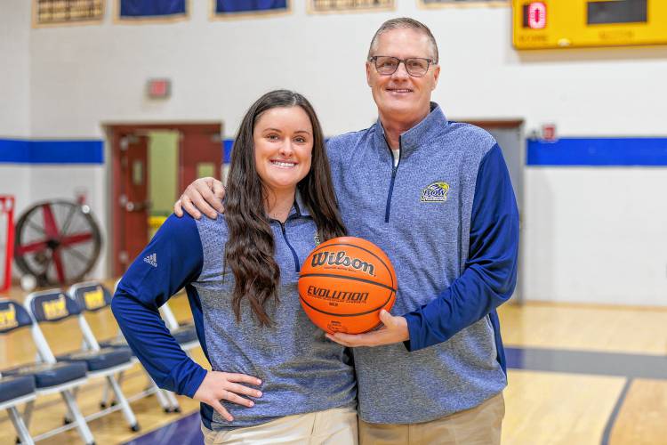 Cassidy and Dale Emerson before the Bow girls' basketball team took on Kingswood on Fri. Jan 5, 2024. The Falcons won, 52-17.