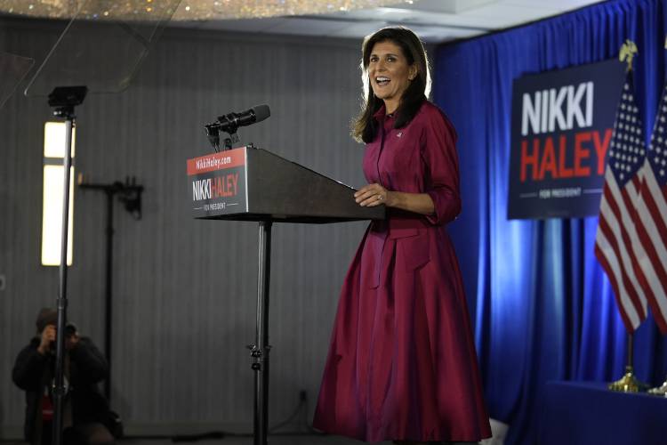 Republican presidential candidate former UN Ambassador Nikki Haley speaks at a caucus night party at the Marriott Hotel in West Des Moines, Iowa, Monday, Jan. 15, 2024. (AP Photo/Carolyn Kaster)