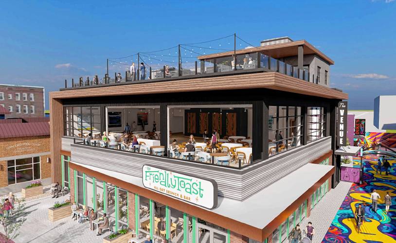 Renderings from a new proposal for the Arts Alley development show the reduced size of its building on South Main Street — down to two floors with a roof deck — and the addition of a restored antique, galley-style diner to its footprint.