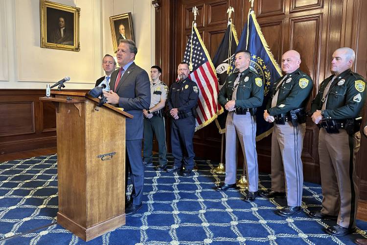 New Hampshire Gov. Chris Sununu announces details of a new Northern Border Alliance Task Force, Thursday, Oct. 19, 2023, in Concord, N.H. The task force will use 1.4 million to increase patrols of the Canadian border. (AP Photo/Holly Ramer)
