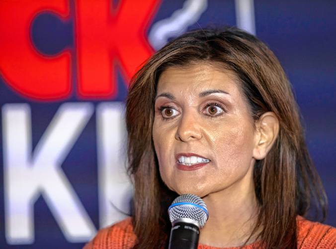 Republican candidate Nikki Haley speaks at the VFW 1698 in Franklin on Monday morning.