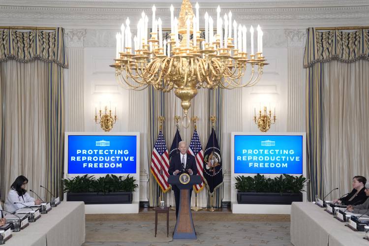 President Joe Biden speaks during a meeting with his reproductive rights task force to mark the 51st anniversary of the Roe v. Wade decision, in the State Dining Room of the White House, Monday, Jan. 22, 2024, in Washington.Biden and Vice President Kamala Harris will join forces at a rally in Virginia on Tuesday as they push for abortion rights. First lady Jill Biden and second gentleman Doug Emhoff will also be there at what will be the first joint appearance by the four of them...