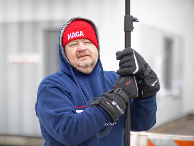 Trump supporter Ken Park, Jr. stood outside the Loudon polling place a the Loudon Fire Department starting at 8 a.m. on Tuesday, January 23, 2024.