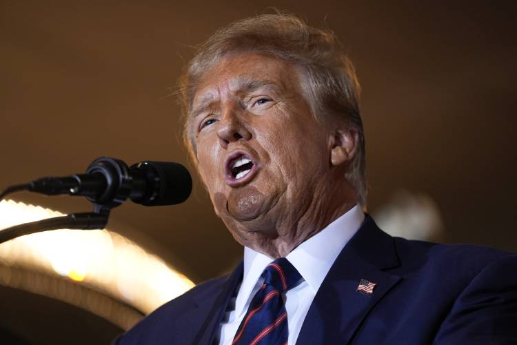 Republican presidential candidate former President Donald Trump speaks at a primary election night party in Nashua, N.H., Tuesday, Jan. 23, 2024. (AP Photo/Matt Rourke)