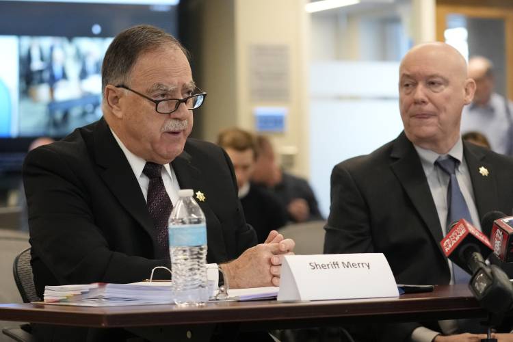 Sagadahoc Country Sheriff Joel Merry responds to questioning, Thursday, in Augusta, Maine, during a hearing of the independent commission investigating the law enforcement response to the mass shooting in Lewiston, Maine.