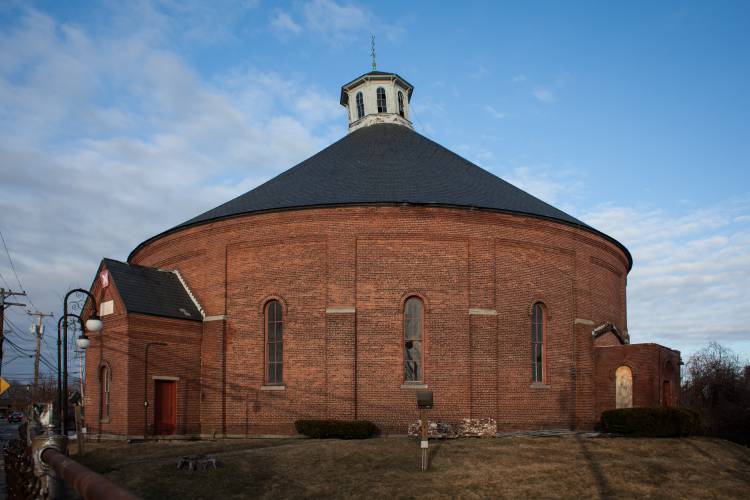 The iconic gasholder building on South Main Street in Concord as seen in 2018.