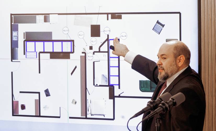 Senior Assistant Attorney General Benjamin Agati shows the layout of the area where the officers encountered Mischa Fay on January 1, 2023 in Gilford. The finding was legally justifiable use of deadly force by Gilford police released at a press conference at the Department of Justice in Concord on Thursday.