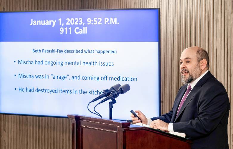 Senior Assistant Attorney General Benjamin Agati presents the findings of the officers invovled in fatal shooting of Mischa Fay on January 1, 2023 in Gilford. The finding was legally justifiable use of deadly force by Gilford police released at a press conference at the Department of. Justice in Concord on Thursday, January 25, 2024.