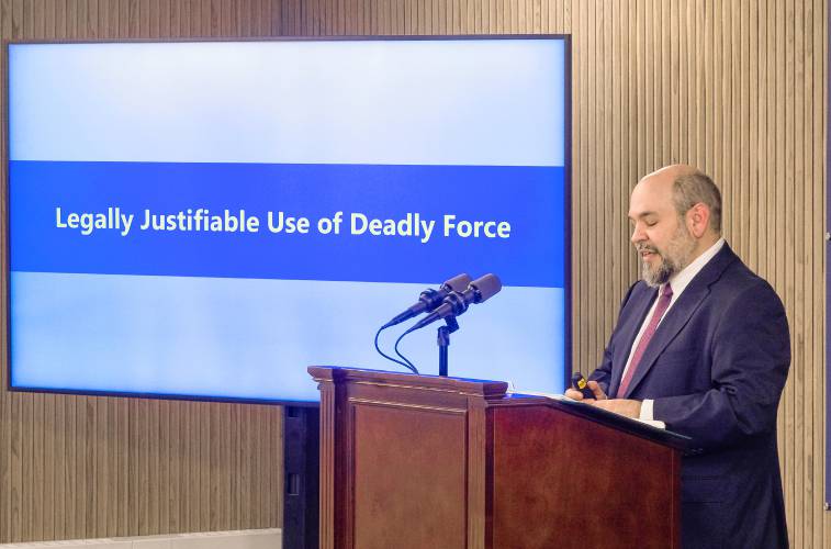 Senior Assistant Attorney General Benjamin Agati presents the findings of the officers invovled in fatal shooting of Mischa Merrill Fay on January 1, 2023 in Gilford. The finding was legally justifiable use of deadly force by Gilford police released at a press conference at the Department of. Justice in Concord on Thursday, January 25, 2024.