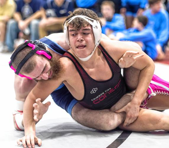 Concord 138-pound wrestler Sawyer McCready (right) takes control of his match against Trevor Rivard of Nashua North at the Capital City Classic on Saturday. McCready won the match and finished sixth in his bracket.