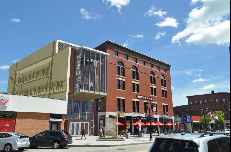 A rendering of what Phenix Hall will look like when it's renovated. The building will get a new, multi-story glass front with lobbies.