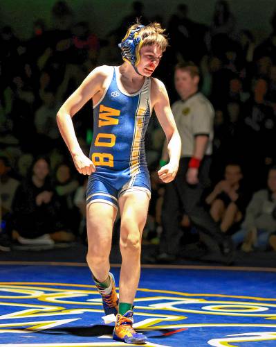 Bow’s Jaron Todisco Coulon reacts after winning the 106-pound final at the Division III wrestling championship at Bow High School on Saturday.