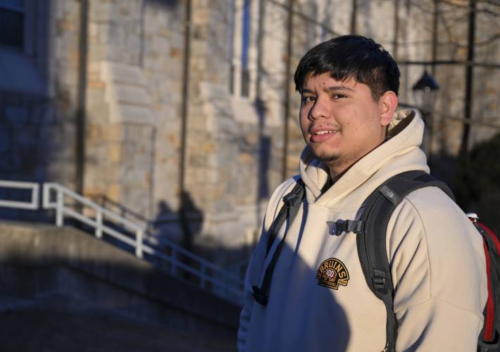 Jesus Noyola, a sophomore attending Rensselaer Polytechnic Institute, poses for a portrait outside the Folsom Library, Tuesday, Feb. 13, 2024, in Troy, N.Y. A later-than-expected rollout of a revised Free Application for Federal Student Aid, or FASFA, that schools use to compute financial aid, is resulting in students and their parents putting off college decisions. Noyola said he hasn’t been able to submit his FAFSA because of an error in the parent portion of the application....