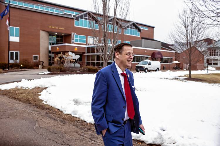 Dr. Patrick Tompkins, president of NHTI-Concord, walks along the quad at the campus on Friday, February 9.