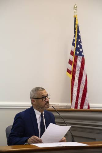 Dartmouth Director of Safety and Security Keiselim Montás is called as a witness during the trial of Dartmouth students Roan Wade and Kevin Engel at Lebanon District Court in Lebanon, N.H., on Monday, Feb. 26, 2024. (Valley News / Report For America - Alex Driehaus) Copyright Valley News. May not be reprinted or used online without permission. Send requests to permission@vnews.com.