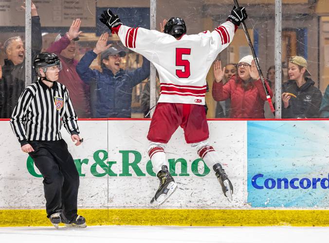 Concord freshman Jaden Haas celebrates after scoring the game-winning goal late in the third period in the Tide’s 2-1 win over Bow on Jan. 10, 2024.