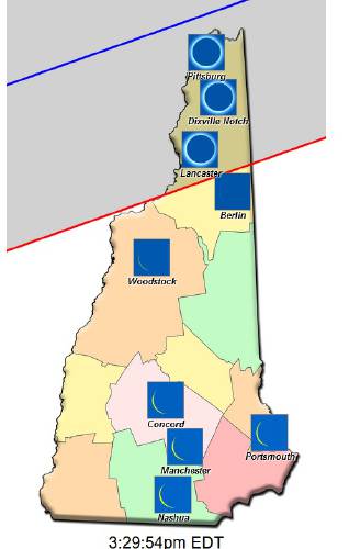 Illustration shows how much of the April 8, 2024 solar eclipse will be visible in NH. The Blue line is the centerpoint; the gray area reaching down to the red line shows locations where totality can be seen. The graphics in other cities estimate how much of the sun will be blocked.