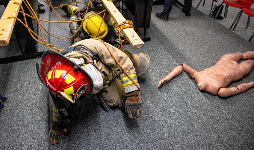Addison “Nails” Bergeron leads the group through the obstacle course as they get to victims to rescue at their CRTC firefighter class at Concord High School on Thursday, March 7, 2024.