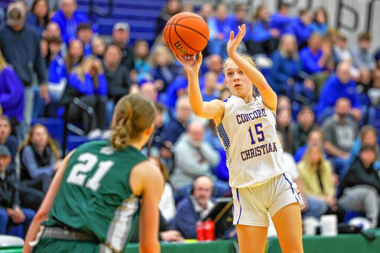 Kayden Rioux fires a shot for Concord Christian during the Division II championship at UNH on Sunday.
