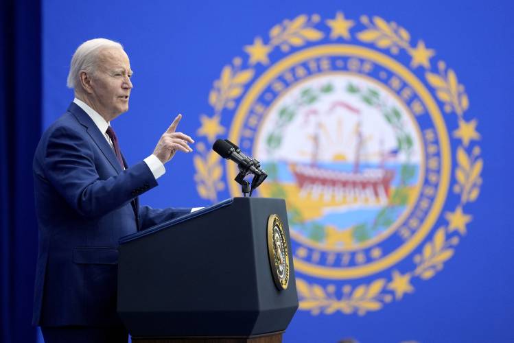 President Joe Biden delivers remarks on lowering prices for American families during an event at the YMCA Allard Center, Monday, March 11, 2024, in Goffstown, N.H. (AP Photo/Evan Vucci)