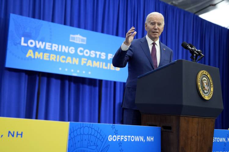 President Joe Biden delivers remarks on lowering prices for American families during an event at the YMCA Allard Center, Monday, March 11, 2024, in Goffstown, N.H. (AP Photo/Evan Vucci)
