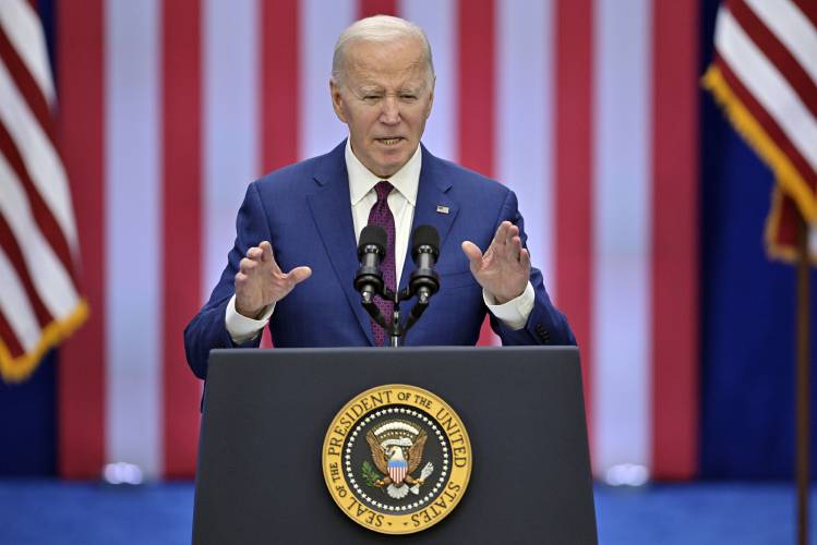 President Joe Biden speaks during an event at a YMCA, Monday, March 11, 2024, in Goffstown, N.H. (AP Photo/Josh Reynolds)