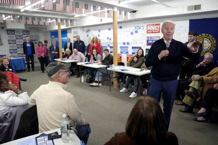 President Joe Biden speaks to supporters during a visit to a campaign field office, Monday, March 11, 2024, in Manchester, N.H. (AP Photo/Evan Vucci)