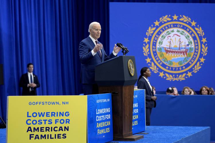 President Joe Biden delivers remarks on lowering prices for American families during an event at the YMCA Allard Center, Monday, March 11, 2024, in Goffstown, N.H. (AP Photo/Evan Vucci)