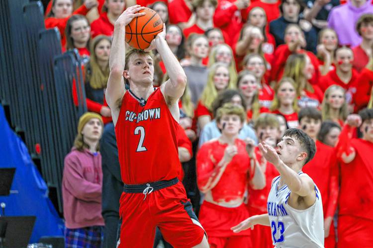 Coe-Brown’s Connor Bagnell takes a shot during the D-II boys’ basketball semifinal against Pelham at Oyster River High School on March 5. Bagnell and the Bears gave the top-seeded Pythons a tussle before falling in overtime.