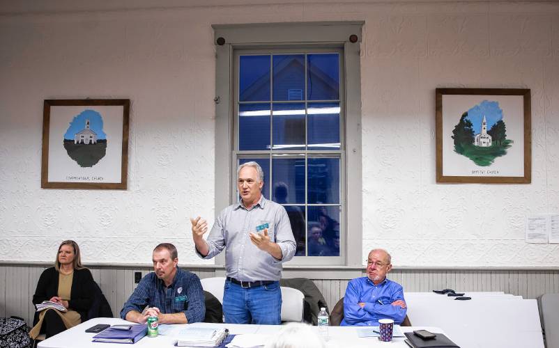 Brett Walker, the Salisbury select board chair, brings up an amendment to warrant article five to raise the operating budget by $10,000 at the town meeting on Tuesday night, March 12, 2024. Walker wanted to make sure residents were aware of the purchase. The whole town meeting was over in a little over an hour.