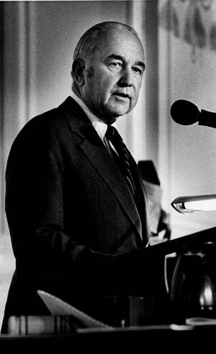 A 1979 file photo of former New Hampshire Gov. Meldrim Thomson addressing lawmakers in Concord.