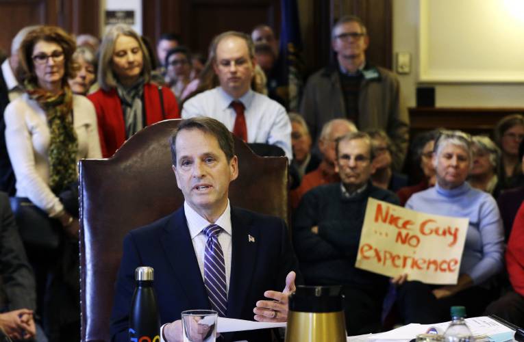 In this 2017 photo, Education Commissioner Frank Edelblut speaks at the State House in Concord during a public hearing on his nomination to lead the state’s education department.
